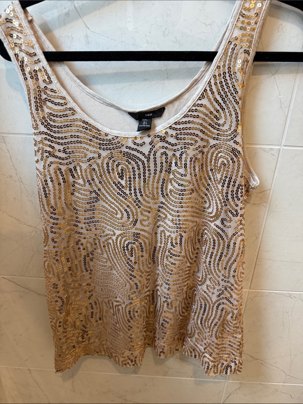 H&M Beige Top with Gold Sequin Swirls
